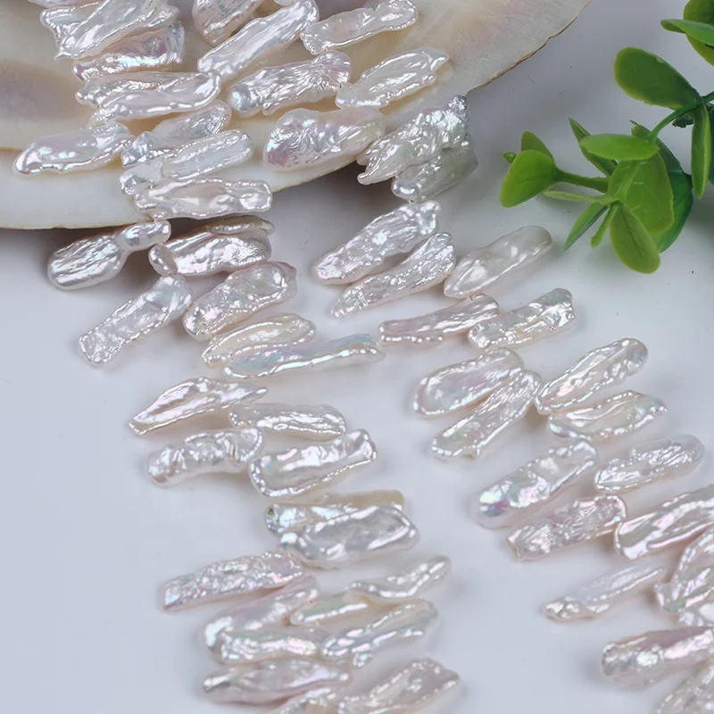 

6-8mm natural white color freshwater cultured biwa pearls strand side drilled for jewelry making