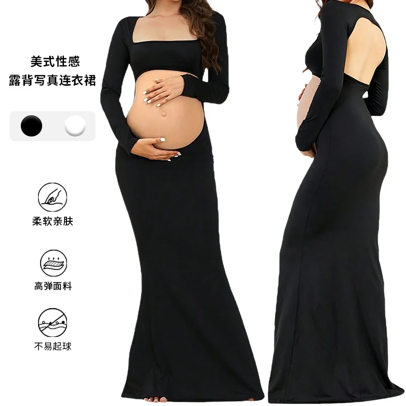 Maternity Photo Photo Clothing Elastic Maternity Dress Fishtail Skirt Carved Back Belly Mopping Skirt