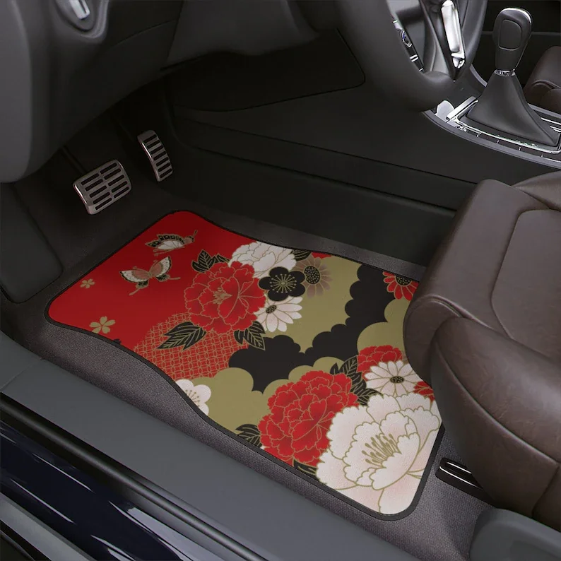 

Japanese Flowers Car Mats, Japanese red and black Car Accessories Car Floor Mats, Japanese Flowers car interior decor floor mats