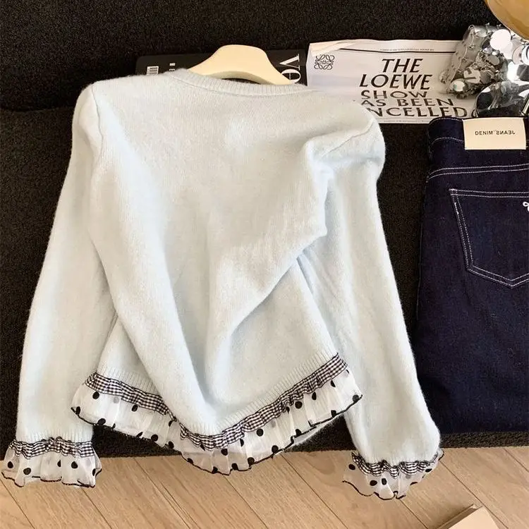 الكورية الحلو الدانتيل تقسم محبوك سترة سترة المرأة الخريف الشتاء فضفاض كسول Sle ort أعلى جولة Ne Long Sve #5