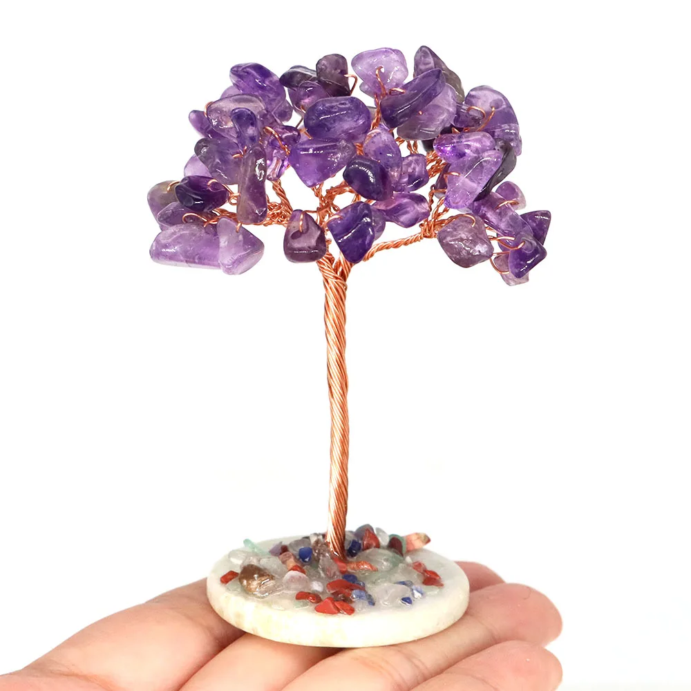 Money Tree Natural Crystal Healing Stone Base Reiki Quartz Gemstones Copper Wire Wrapped Plant Crafts Feng Shui Home Decor Gifts