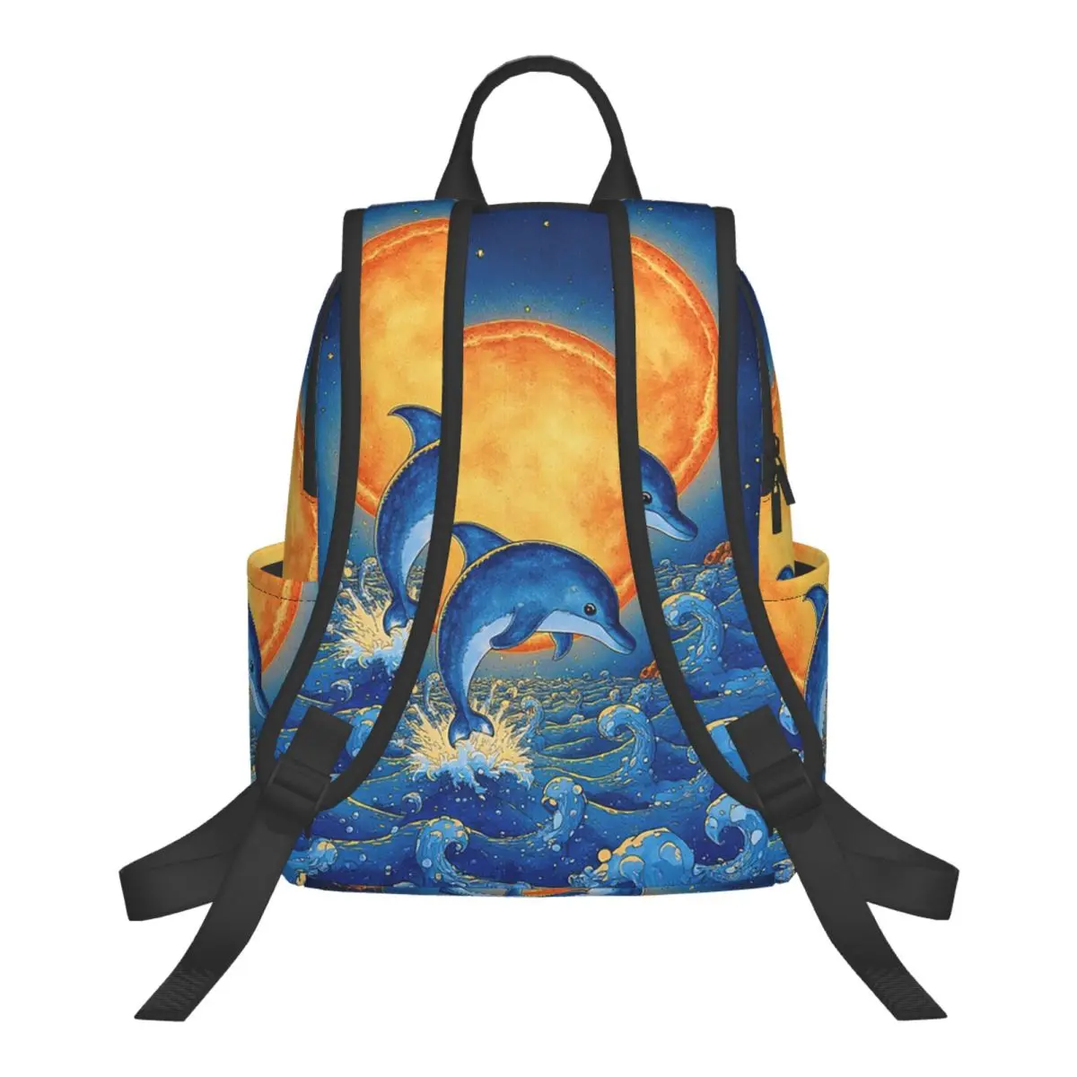 Dolphin Jumping Out Of Water And Full Moon Student Backpack School Bag Hiking Travel Daypack for Men Women Bookbag Shoulder Bags