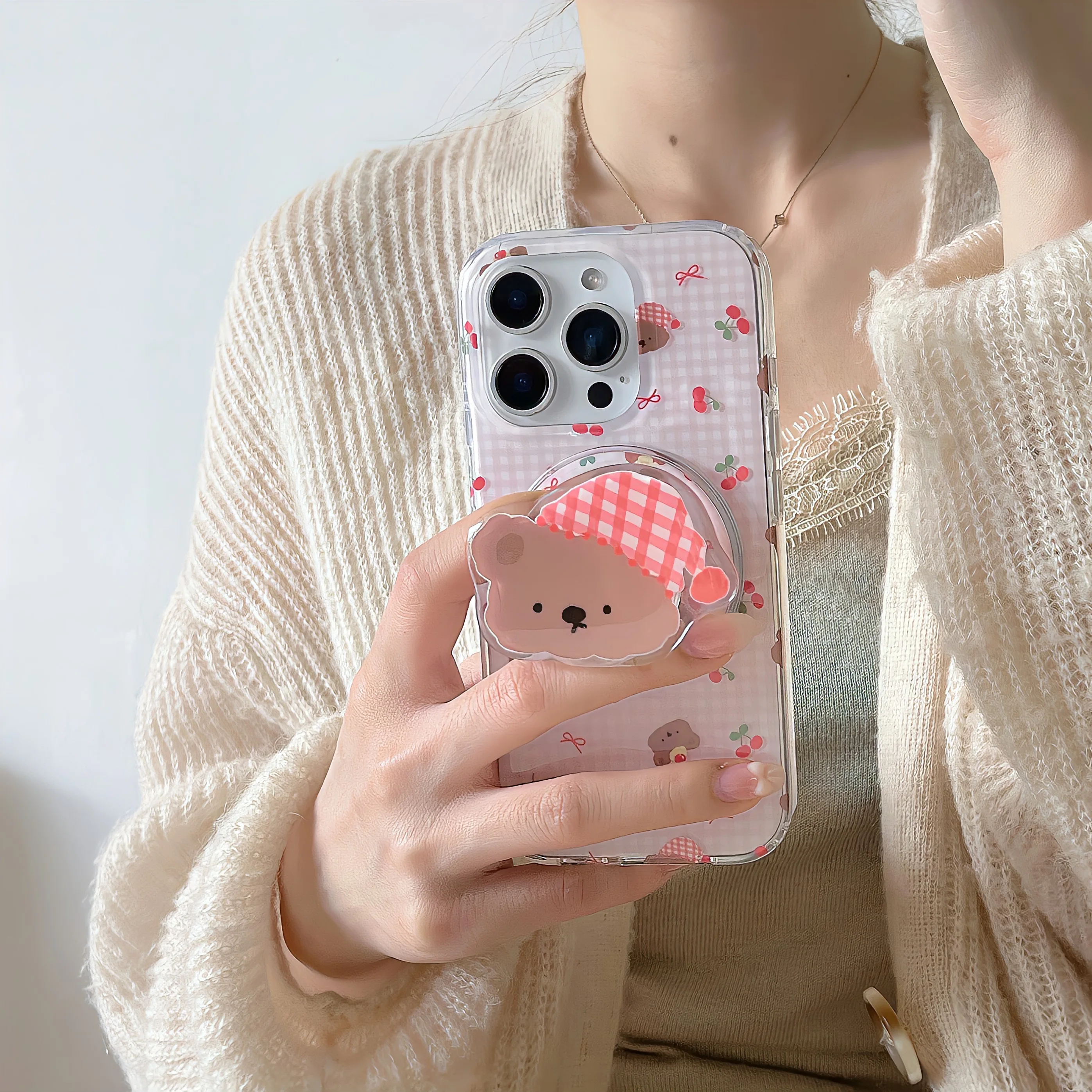Koreanische süße Kirsche Bär magnetische Ständer drehen Telefon Fall für iPhone 13 Pro Max 16 Pro 14 15 Abdeckung mit Magsafe Halter Telefon Fall