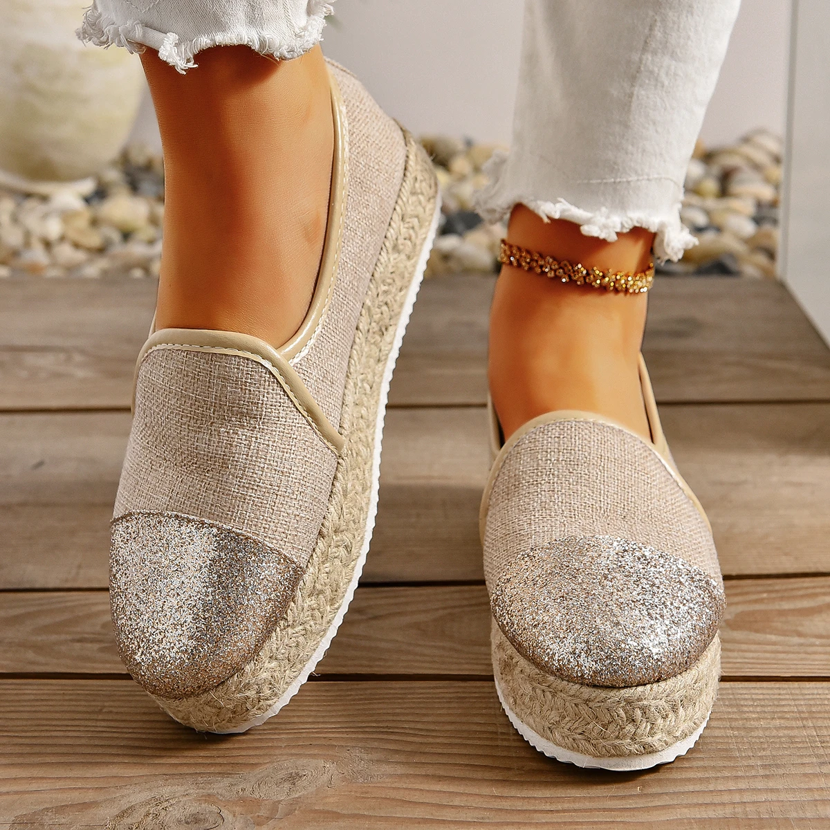 Beige Espadrilles Womens Shoes Flat Stylish and Trendy Footwear for Fashion-Forward Females Loafers Casual Slip-on Grass Woven