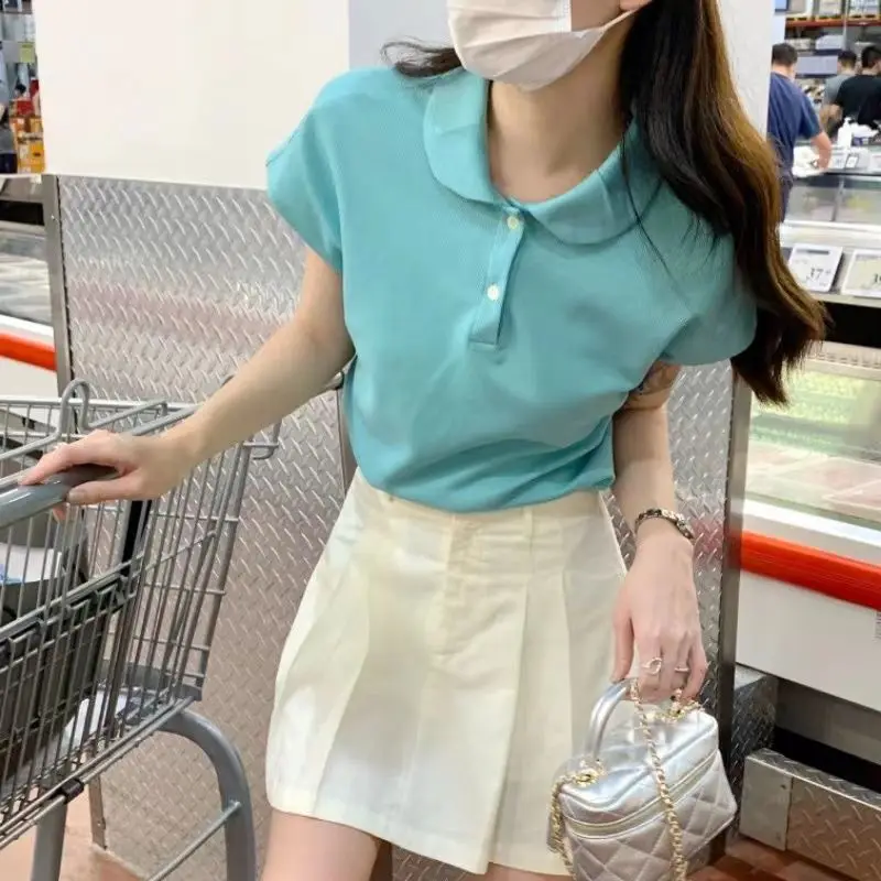 Polo Neckline Small Flying Sleeves Front Shoulder Short Sleeve T-shirt for Women in Summer Sweet Short Doll Shirt Chic Top