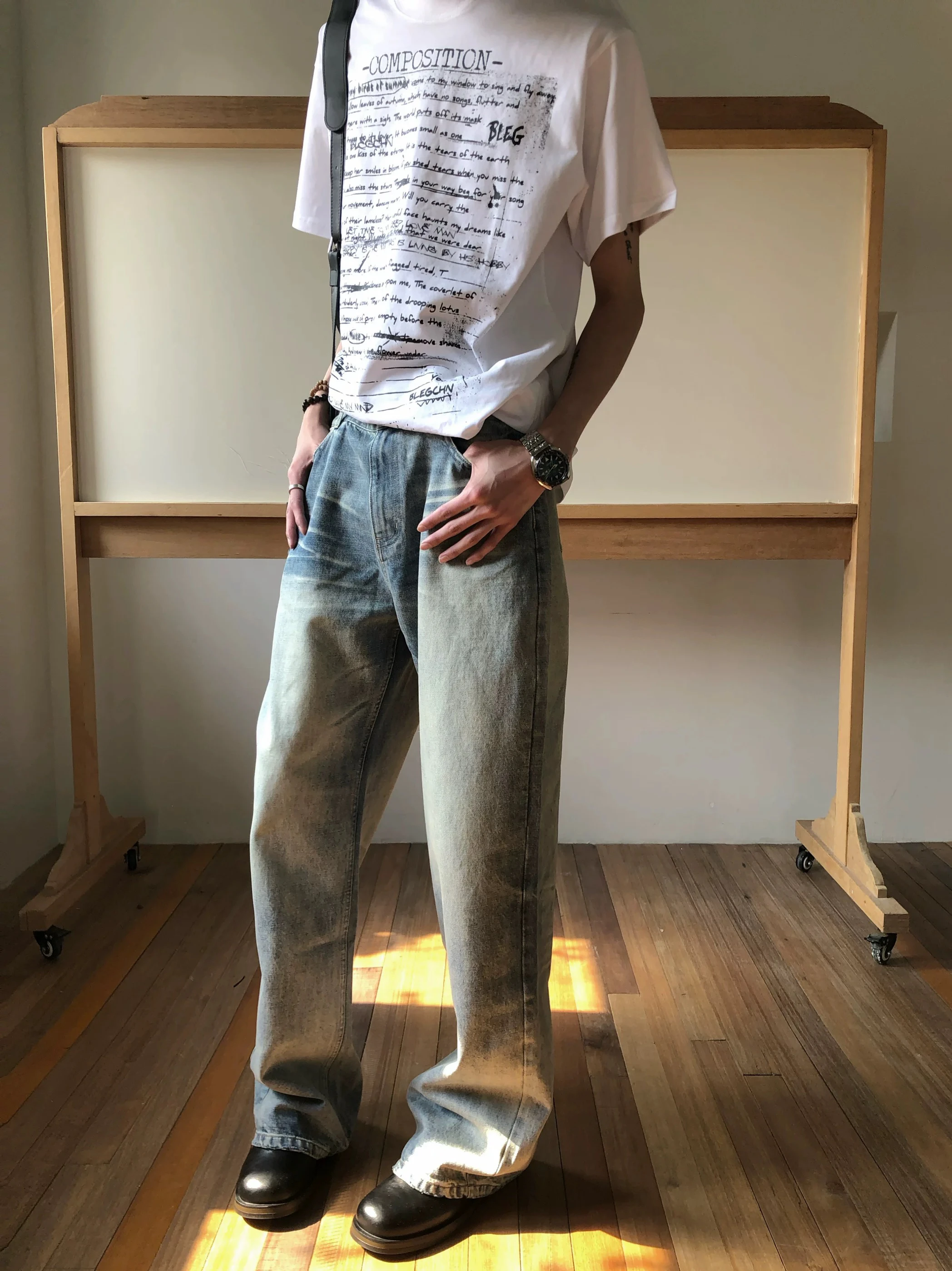 

American Style Vintage Washed Men's Wide Leg Jeans Casual Straight Loose Fit Long Pants Trendy Autumn Season Teenage Audience