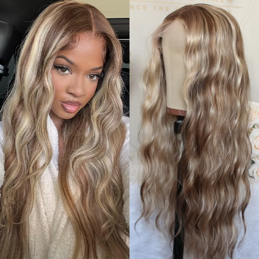 Long Wavy Synthetic Lace Front Wig Highlight Blonde Natural Wave Transparent Pre Plucked Heat Resistant Fiber Wig for Women