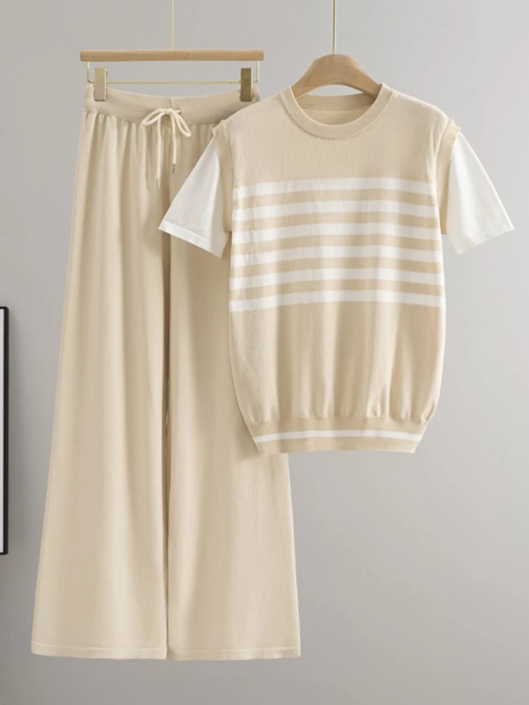 

Summer Fake Two Pieces Striped Knit T-shirts Tops High Waist Wide Leg Pants Women Korean Style Knitted Two Piece Set
