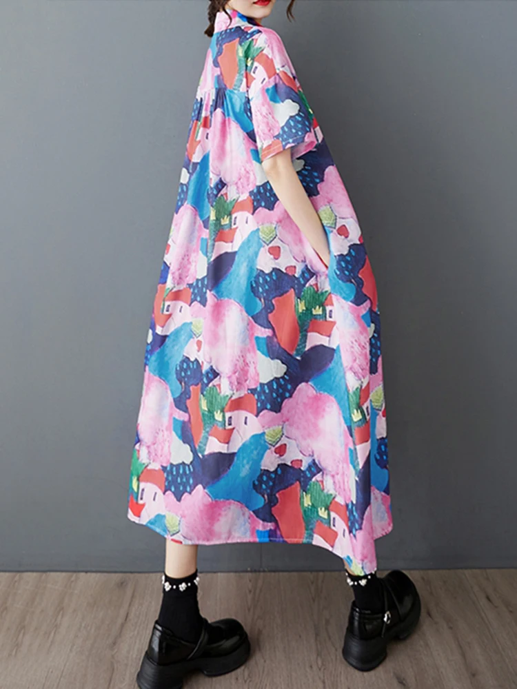 XITAO, vestido camisero Irregular con estampado holgado, informal, corte en A, un solo pecho, vestido de verano de manga corta con cuello vuelto para mujer ZMY1136