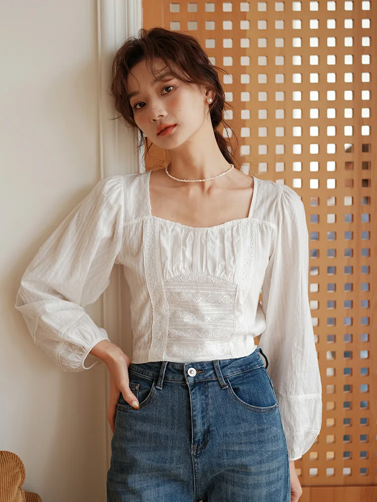 

Nobiaon Spring 2025 Women's White ort irt Square Collar Bubble Sve Design Sensation Ele Small Top Cotton Polyester...