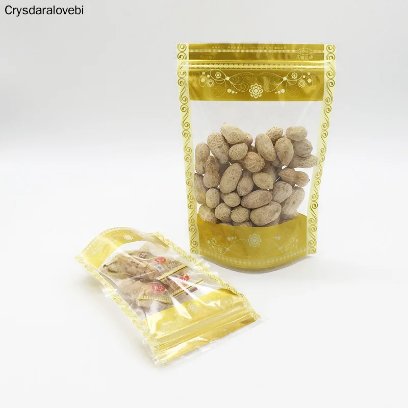 100Pcs Golden Clear Stand-up Plastic Food Bag, Snack Nuts Beans Packaging Pouch with Zip Lock