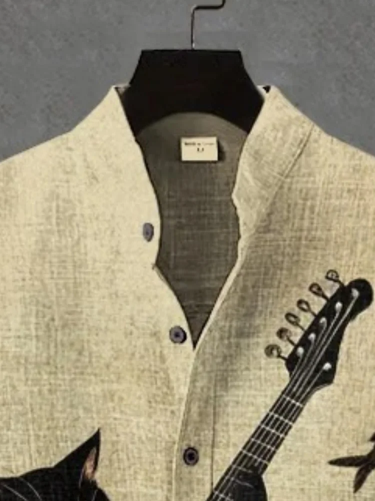 Men's Black Cat Playing Guitar In The Waves Art Print Casual Shirt Japanese Holiday Retro Style Man Bohemian Stand Collar Tops