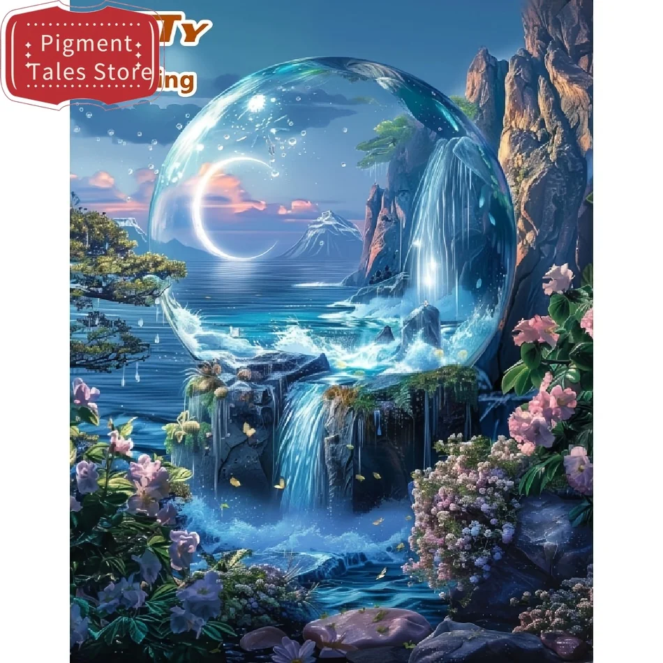 1 Stück rahmenlose Malvorlage für professionelle Kunstwerke, 2D flache DIY Malen-nach-Zahlen-Set mit Acrylfarben und Zahlen, Motiv: Berglandschaft bei Nacht mit Mond