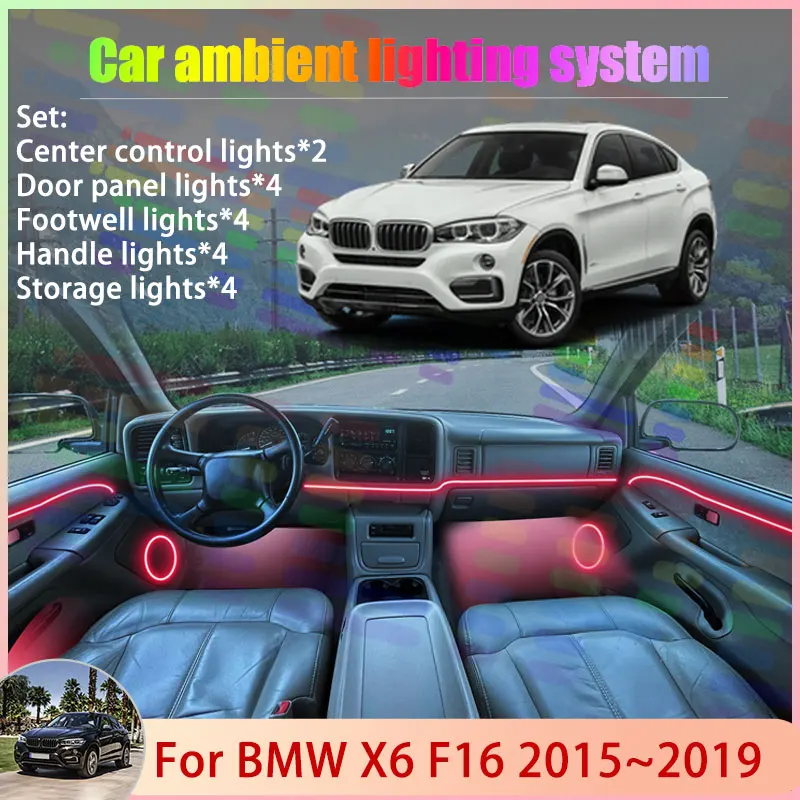 

For BMW X6 MK2 2th F16 2015~2019 2016 2017 2018 2/18 in 1 Car Atmosphere Light Lamp RGB Shade Ensemble Streamer Atmosphere Set