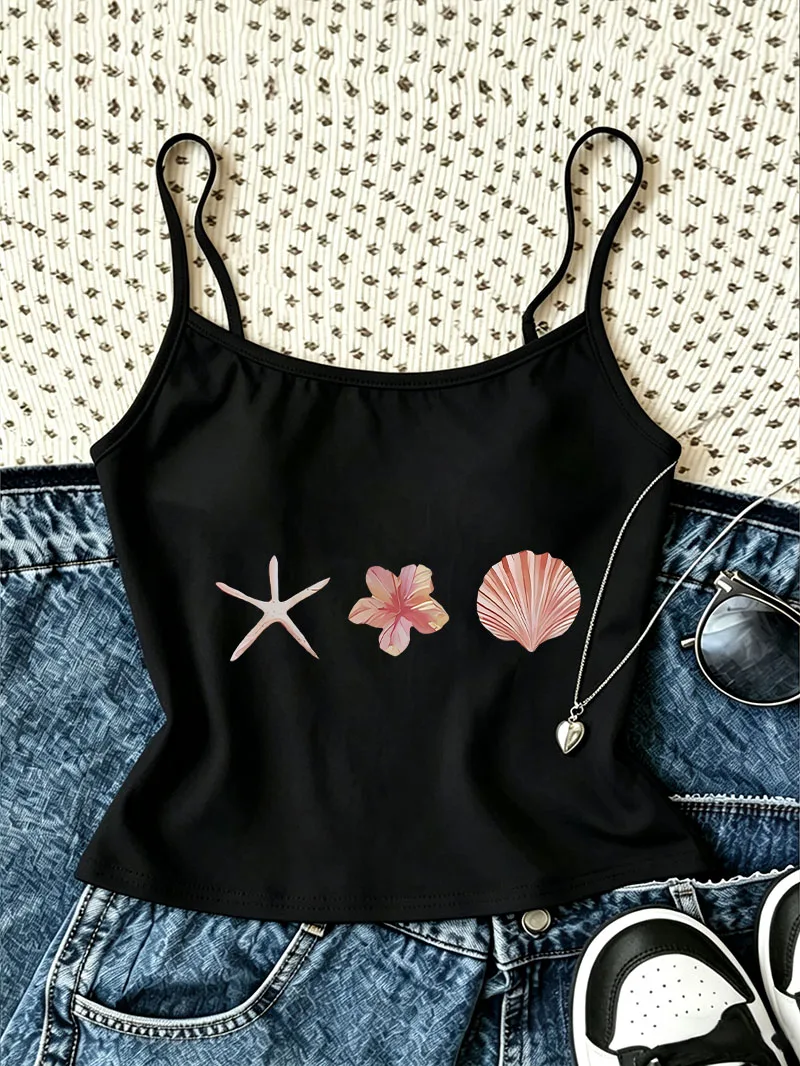 Sexy Grafik-Top mit Seestern- und Muschelmotiv, schickes, lässiges Crop-Top, Weste, Frühling-Sommer-Harajuku-Tanktop für Damen