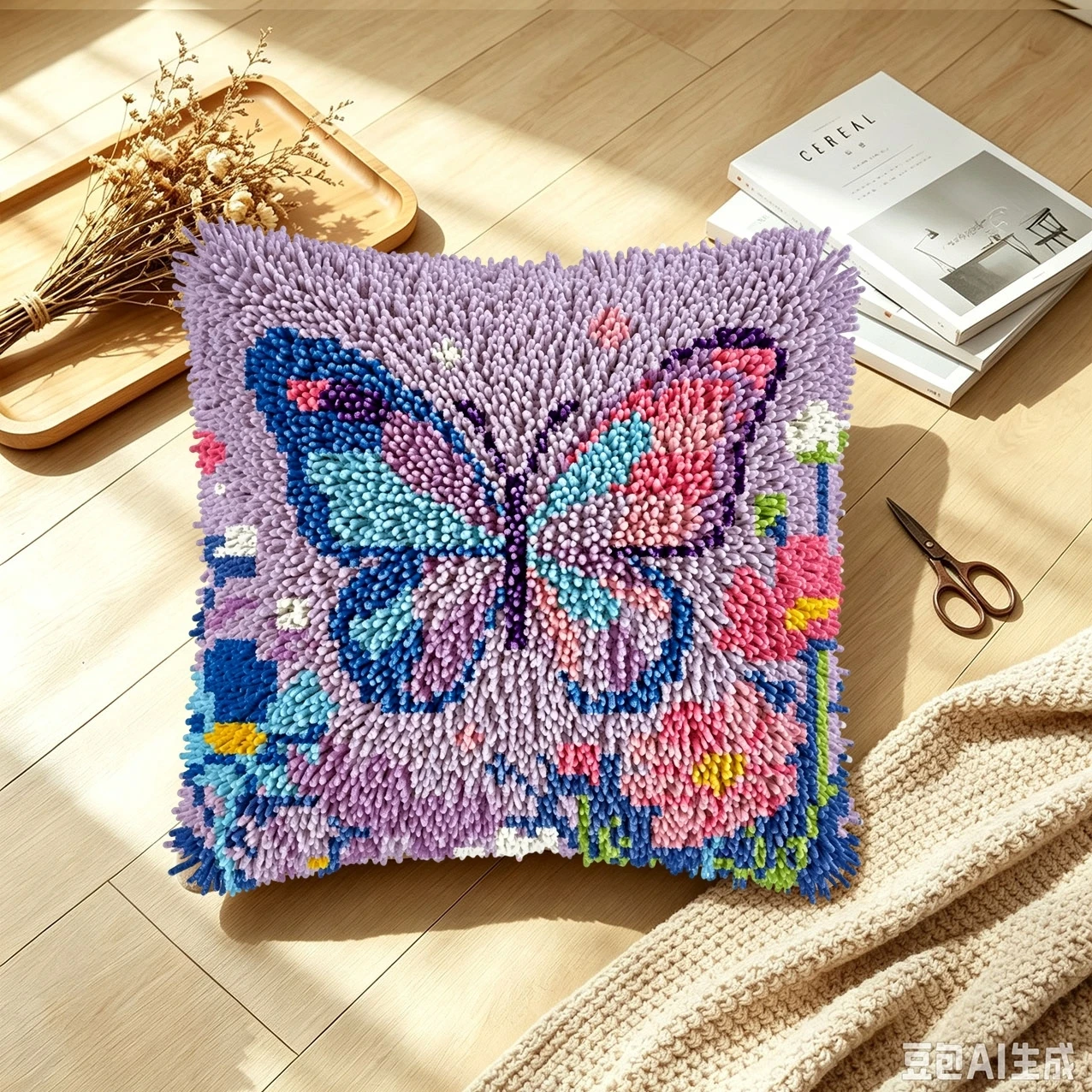 1 Set Lila Blumen-Schmetterlingsknoten-Kissen-Set mit Riegelhaken für Handarbeiten, Riegelhaken-Sets für Anfänger zum Selbermachen – Detail 2