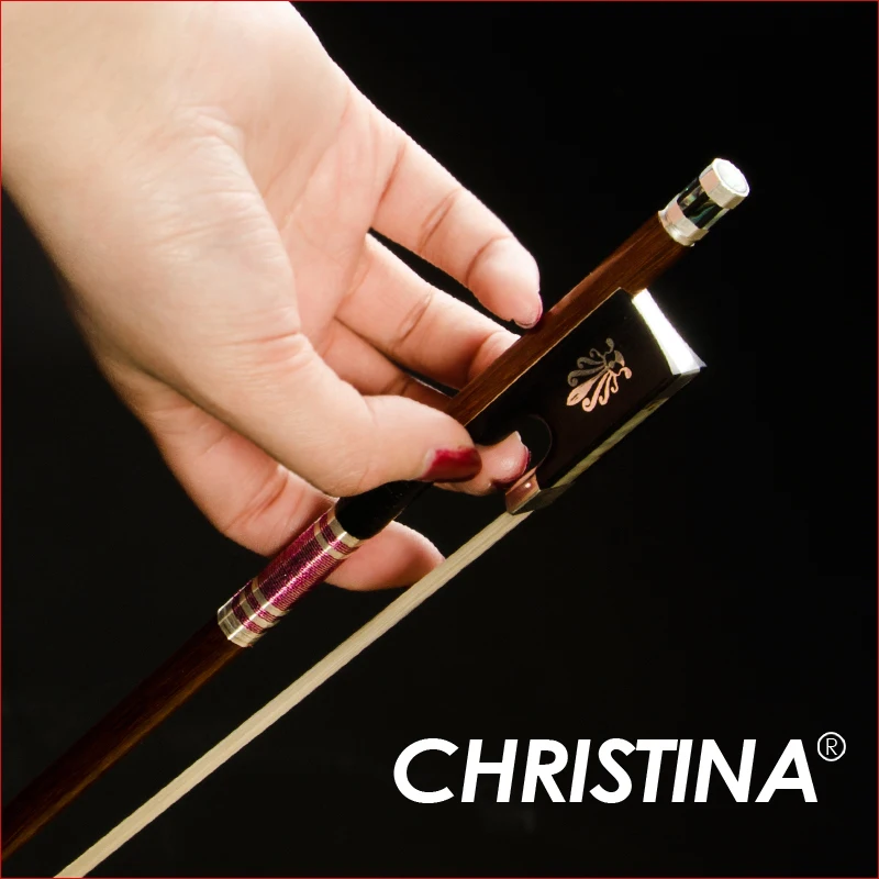 

CHRISTINA Professional Pernambuco Violin Bow SG02, Inlaid Abalone Frog 3-part Screw Round Stick Red Silk Thread Silver Winding