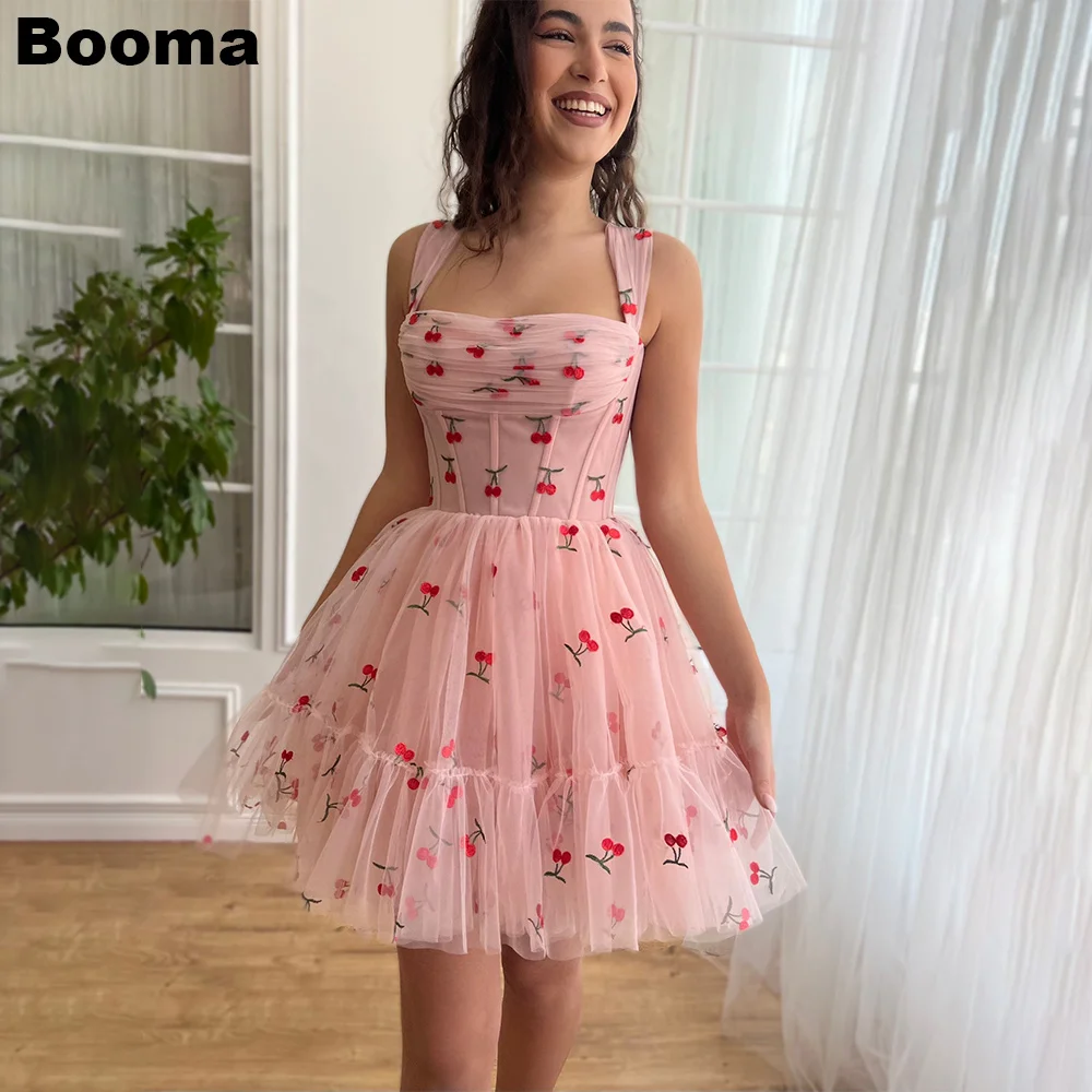 Booma A-Line Pink Cocktail Dresses Sleeveless Cherry Ruched Tulle Mini Prom Gowns Fairy Party Dress Special Occasion Gowns