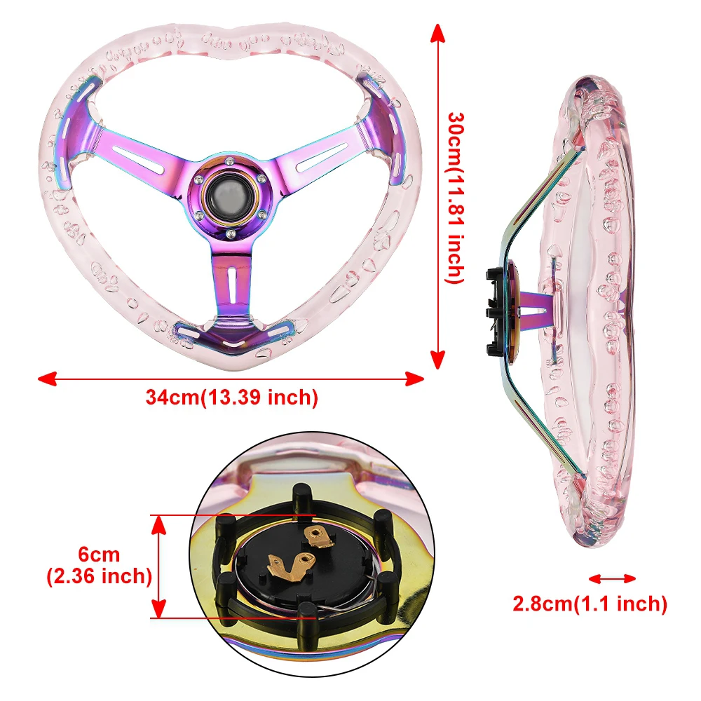 Auto JDM Racing Steering Wheel, Acrylic Heart Shape Deep Dish Car Steering Wheel Auto Modification Part