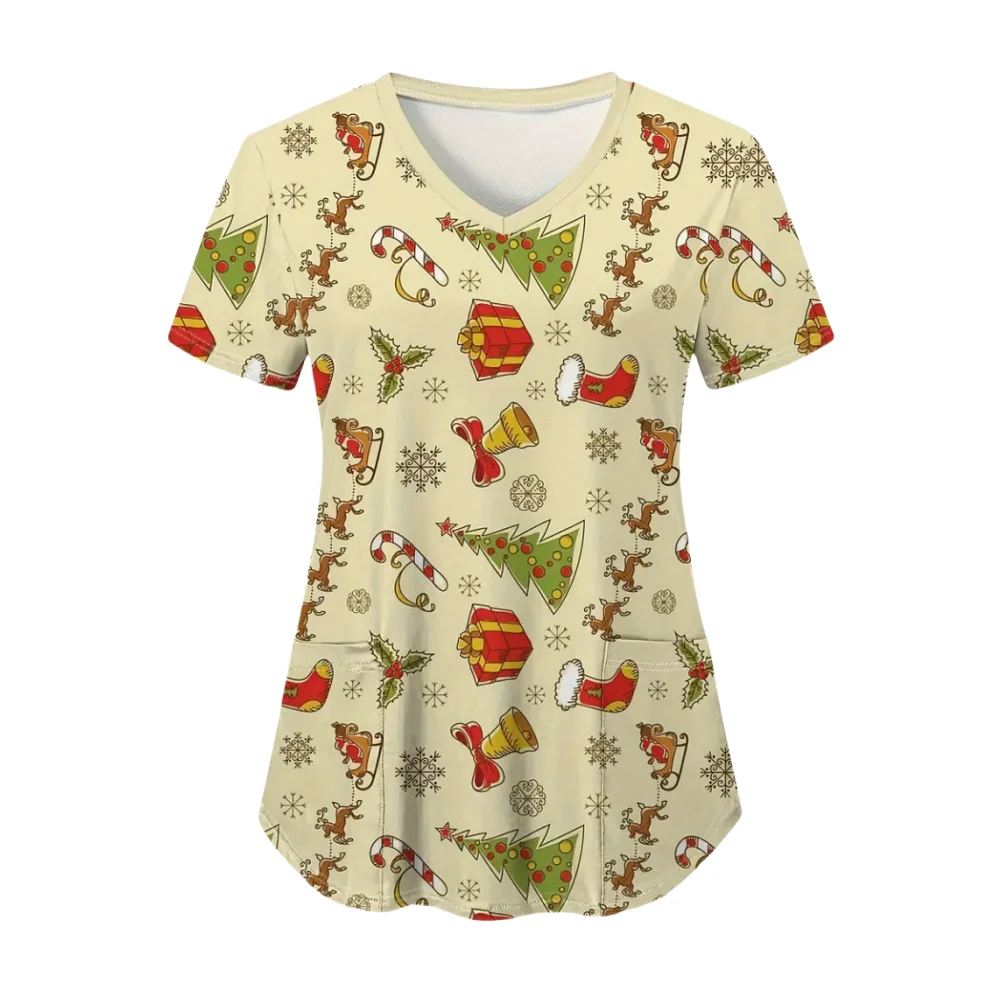 Christmas Surgical Uniforms Woman Cartoon Pattern Print Health Care Nurse Tops V-Neck Short Sleeve Dental Clinical Uniform Woman