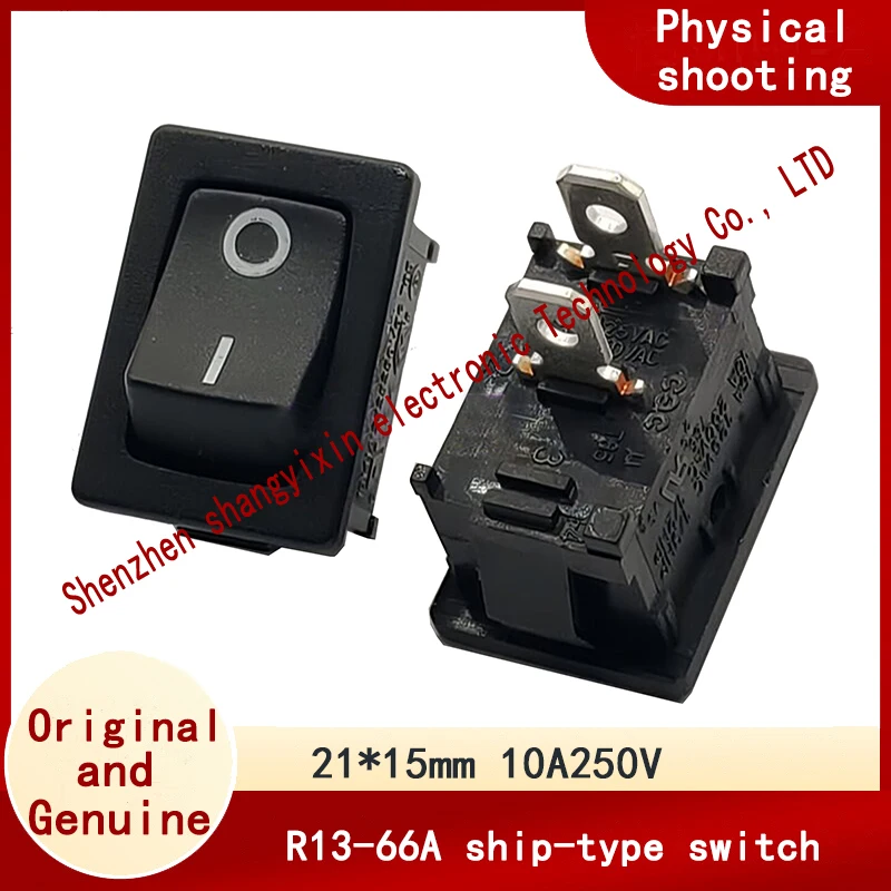 

Одноканальный черный двухконтактный тумблер-переключатель R13-66A (лодочная форма) с сертификацией, 10А 250В, 21*15мм