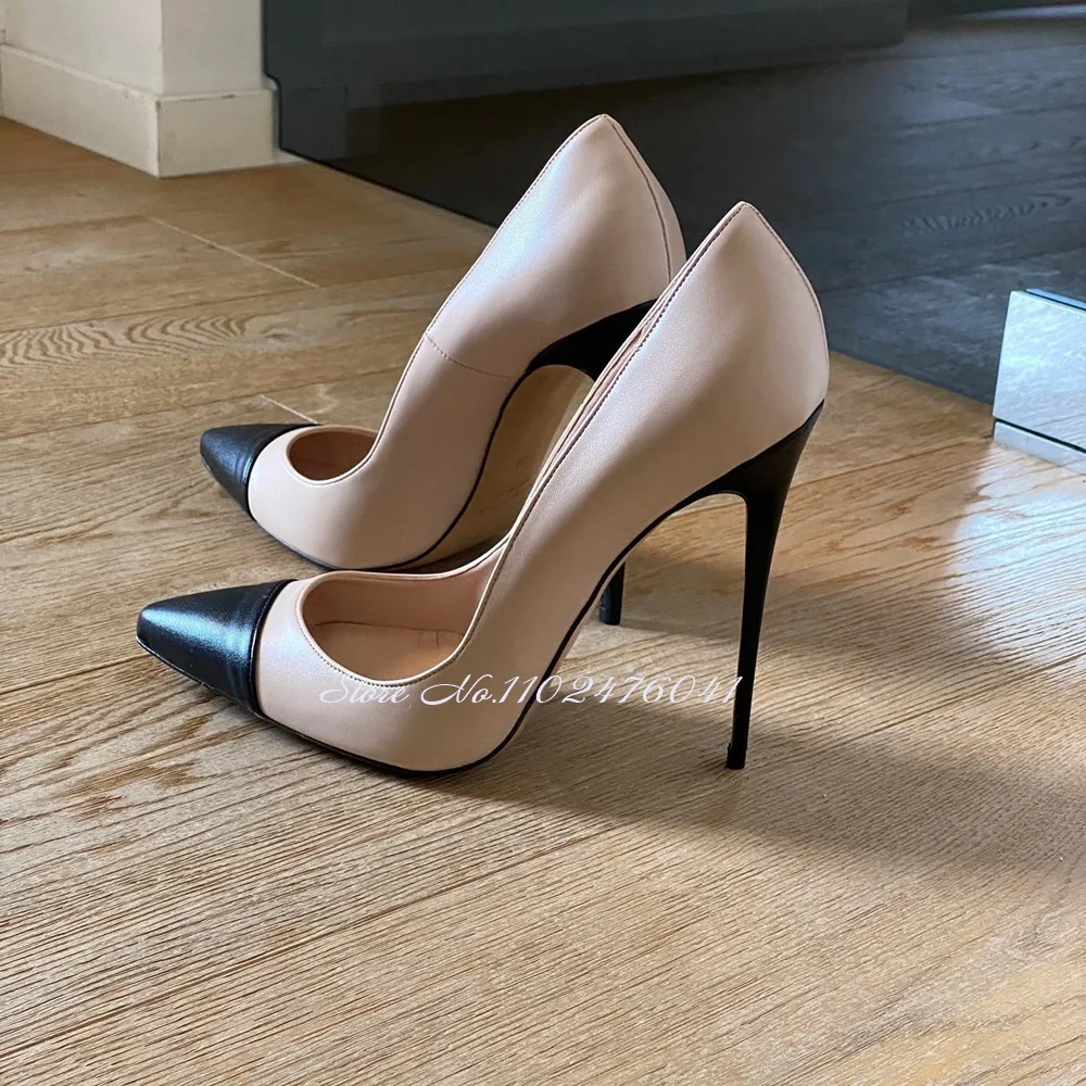 Kobiety Nude Black Matte Leather Patchwork Dress Pumps 12cm 10cm 8cm Thin High Heel Shallow Party Shoes Slip-on Shallow Footwear