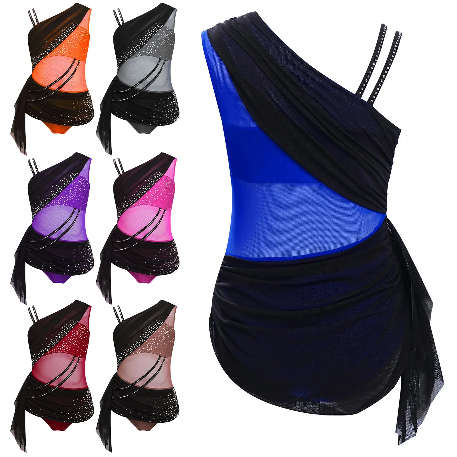 

Kids Girls Ballet Gymnastics Leotard Color Block Figure Skating Bodysuit Lyrical Dance Costumes Sheer Mesh Glittery Rhinestones