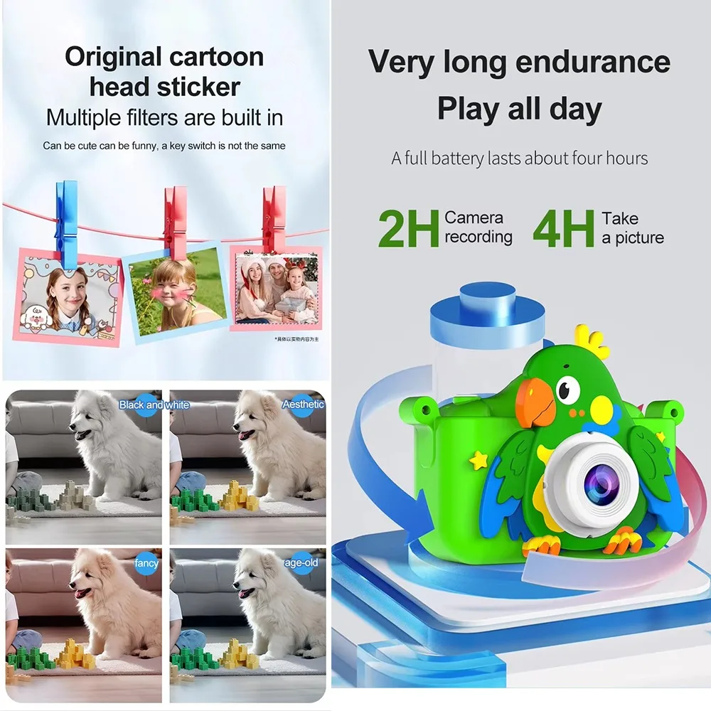 Jouets pour enfants caméra HD 2.0 pouces écran dessin animé perroquet étui 32GB carte vidéo Photo enfant anniversaire Festival cadeaux appareil photo numérique jouets