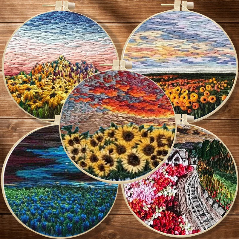 Beginner DIY Embroidery Kit Scenery Pattern Embroidery Kits With Hoop Handwork Handcraft Needlework Sewing Hand Cross Stitch Set