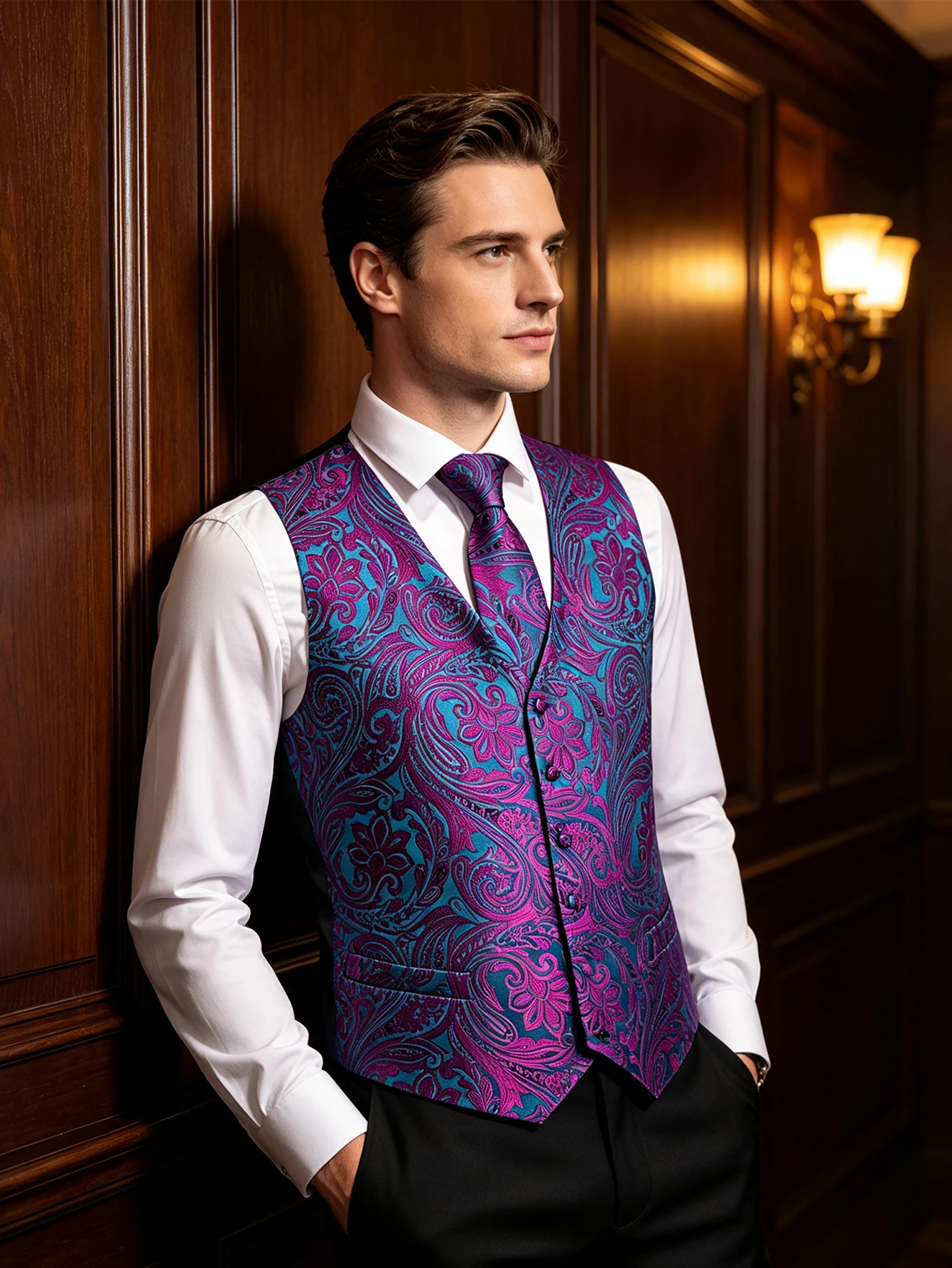 Blue Purple Contrast Paisley V-Neck Vest Full Set Tie Square Cufflinks For Carnival Night Club Show