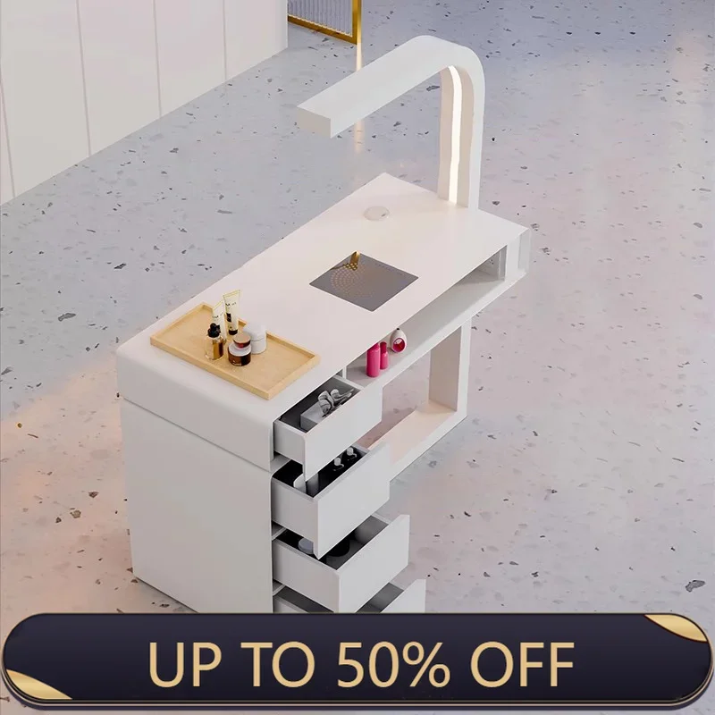 Cream Dust Collector Manicure Table With Lamp French Beauty Storage Nail Table Minimalist Aesthetic Table Ongle Salon Furniture