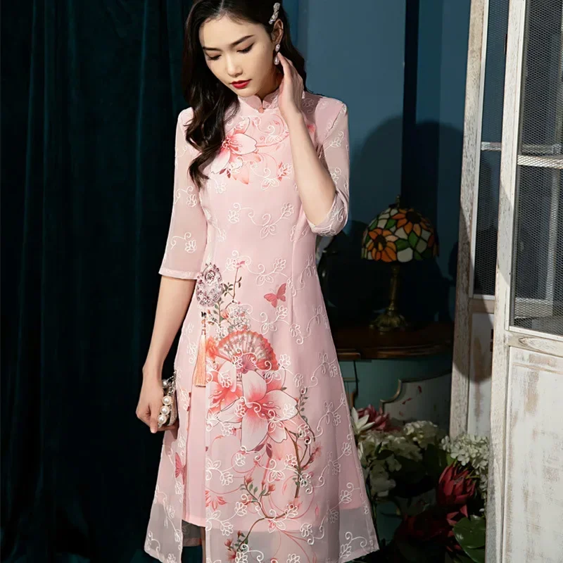 

Summer 2024 Mid-length Chiffon Embroidery Cheongsamn Chinese Style Evening Dress Lily Ao Dai Improved Qipao for Women