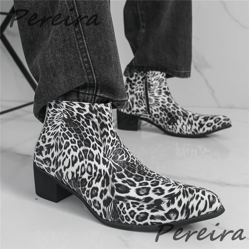 Men's Leopard Print Chelsea Boots British Style Pointed Toe Side Zipper Short Boots Trendy Versatile PU Leather High Top Shoes