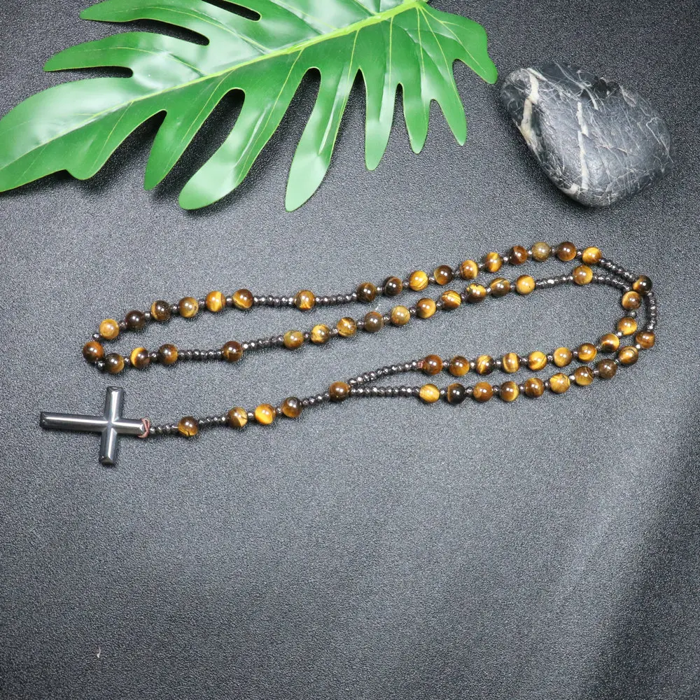 1PC Tiger Eye Stone Natural Stone Cross Beads Necklace Iron Gallstone Beads Handmade Beads 8mm Men\'s Ethnic Style Necklace