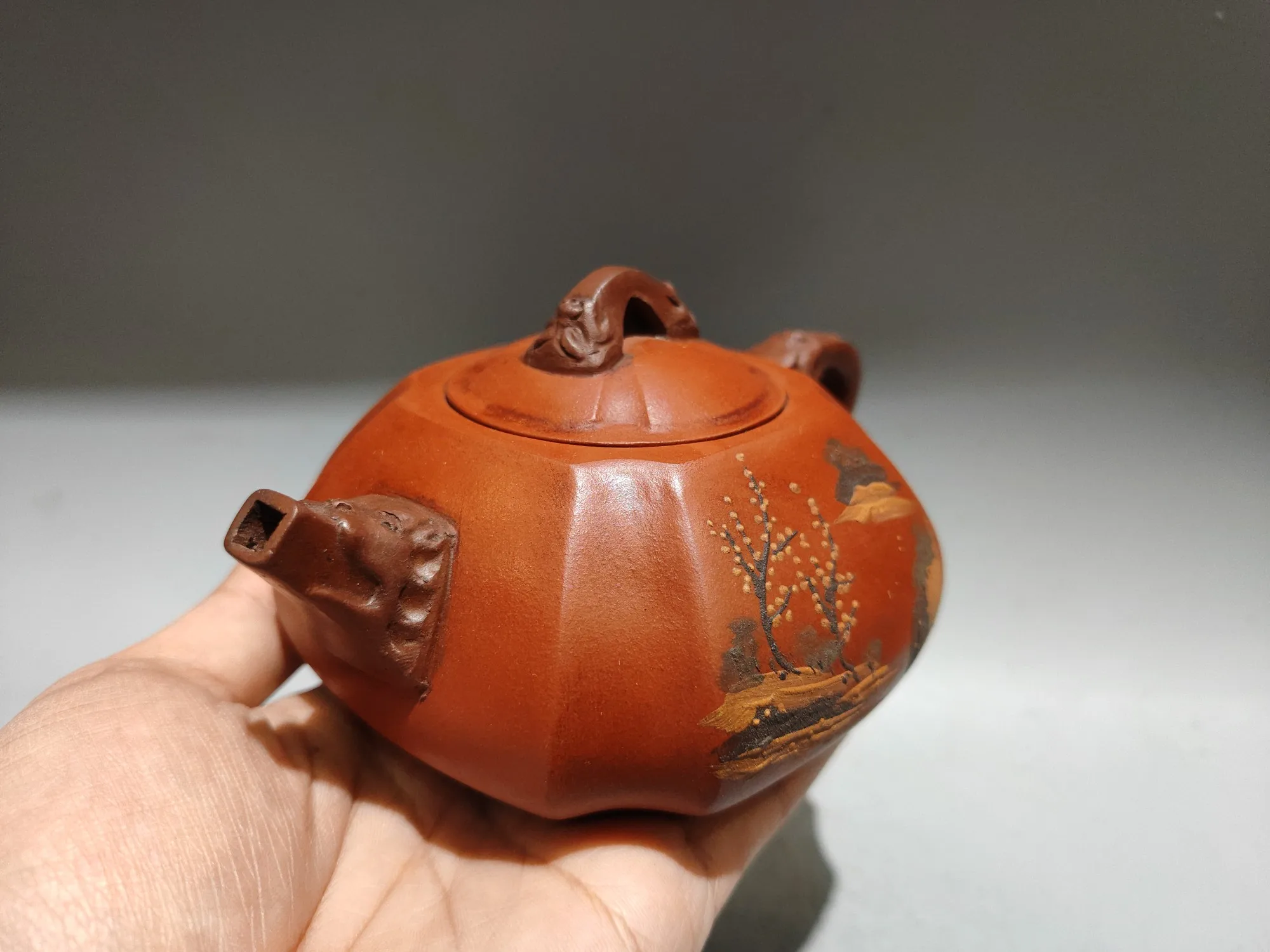 Purple teapot Yixing Purple Clay Mud painting  Landscape pattern Dragon Mouth Pot Four sided teapot Kettle Teapot tea ceremony