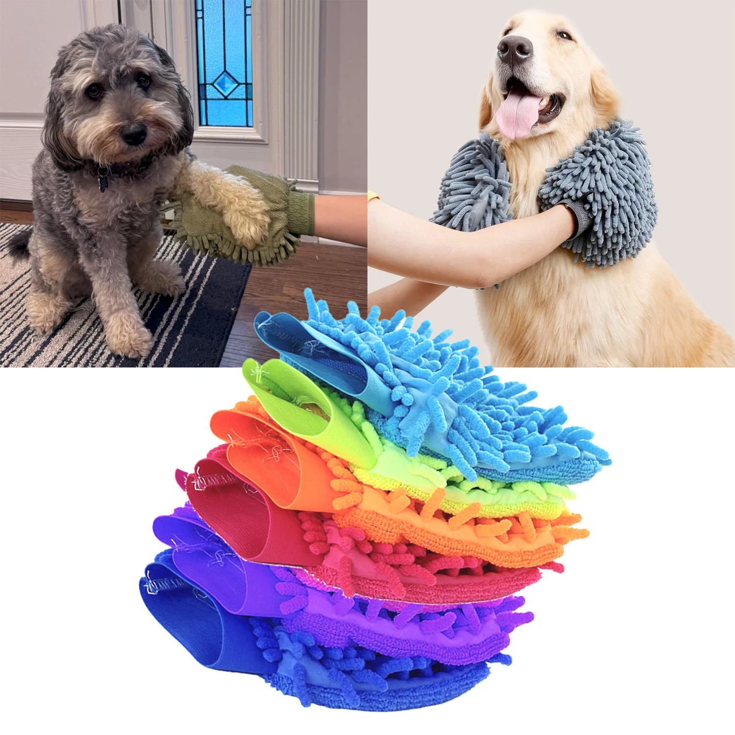 Set of 3 reversible pet paw cleaning gloves – nylon fleece microfibre, assorted colours, ideal for cats and dogs