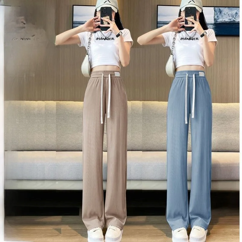 Narrow Wide Leg Pants Women's Summer Thin Korean Loose Draped Casual Ice Silk Straight Leg Pants Women High Waist Long Pants