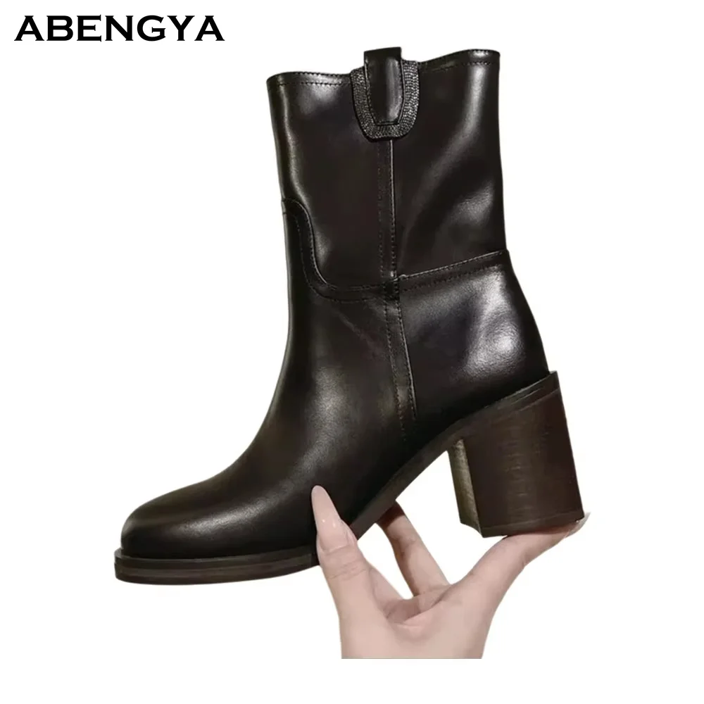 2026 Winter New Leather Middle Boots Women Round Toe Suede High Heel Short Boots Designer Casual Party Chelsea Boots For Women