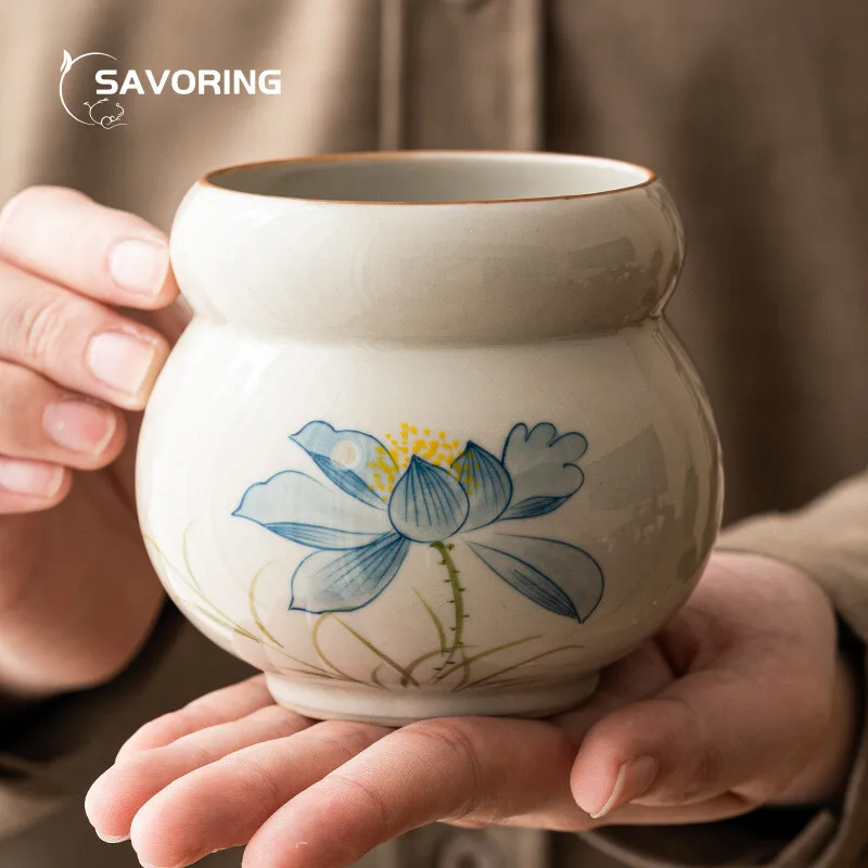 350ml Plant Ash Hand-painted Blue Lotus Jianshui Pen Wash Water Bowl Tea Residue Jar Ceramic Kung Fu Tea Set Six Gentlemen Set