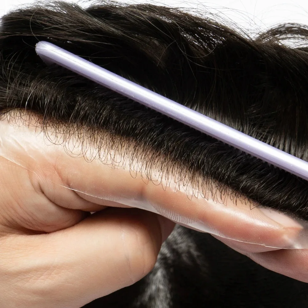 Men's Toupee Hair Ultra-Thin 0.03mm Skin #1B Natural Black Light Medium Density Hair pieces PU Base Size 8x10 Inch 100% Human Hair System for Men Virgin Human Hair V-looped Invisible Hairline Durable Pu Toupee Human Hair Mens Wig view 5