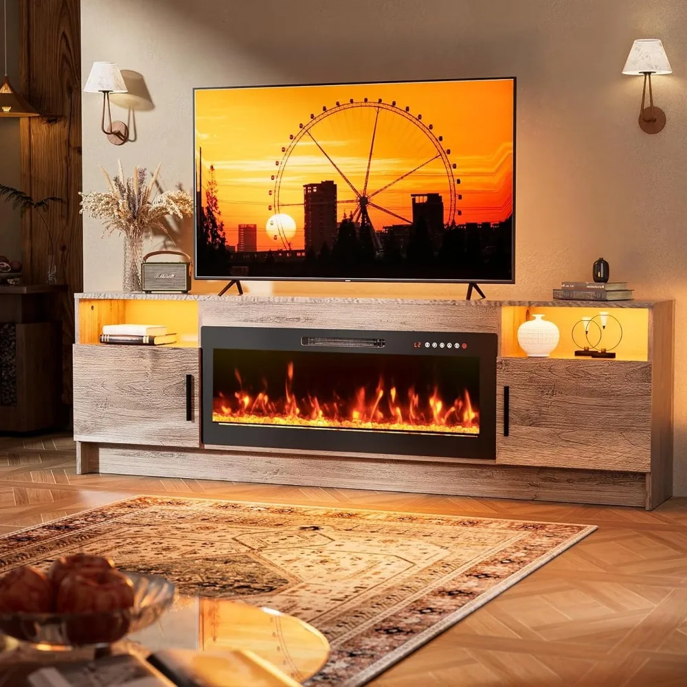 

70'' TV Stand with Fireplace, Entertainment Center with Fireplace for 75+inch TV- Grey TV Cabinets with Storage, 20 Led Colors,