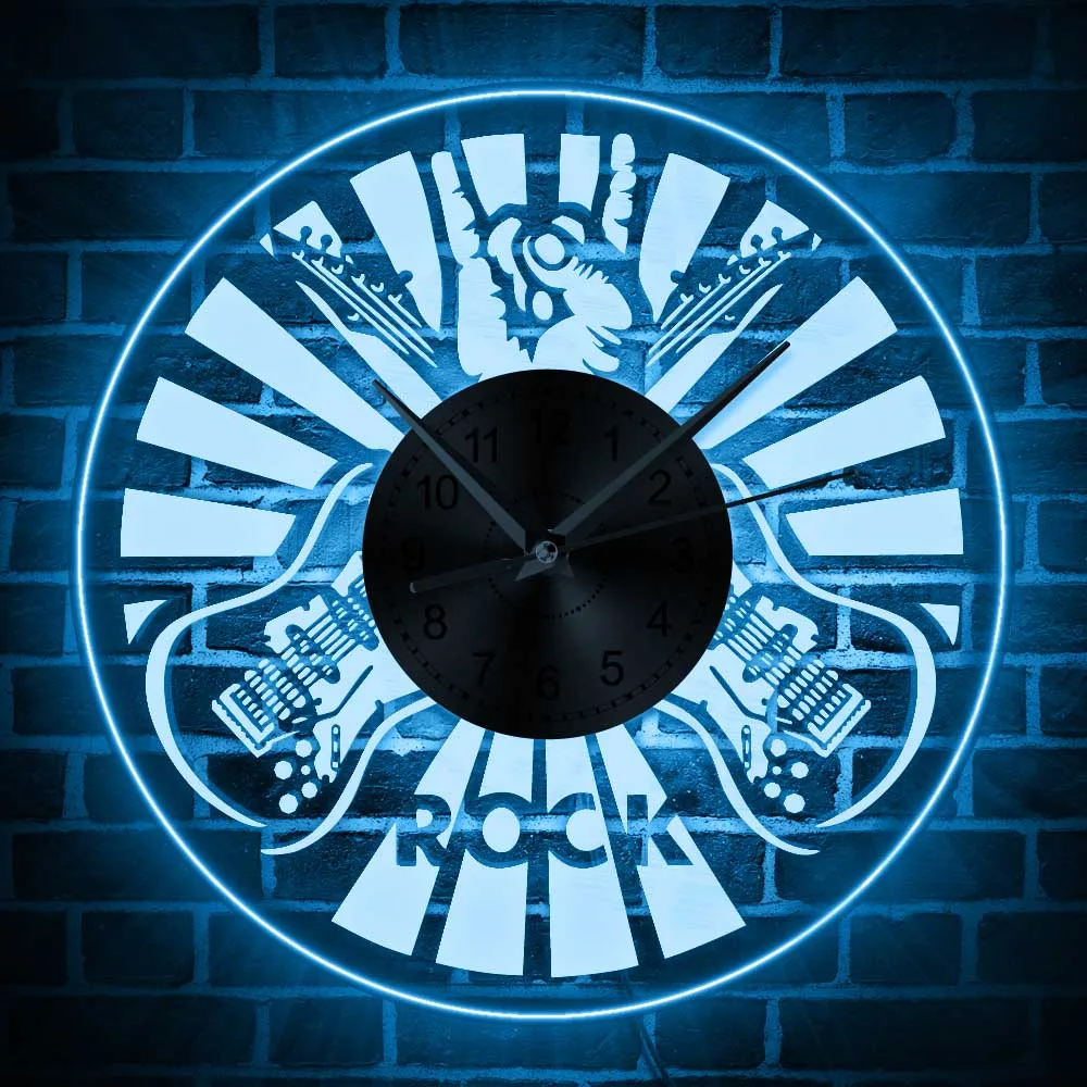 LED Rock Hand Lighted Neon Sign Wall Clock Home Decor Modern Design Wall Clock Electric Guitar Wall Watch with LED Backlight
