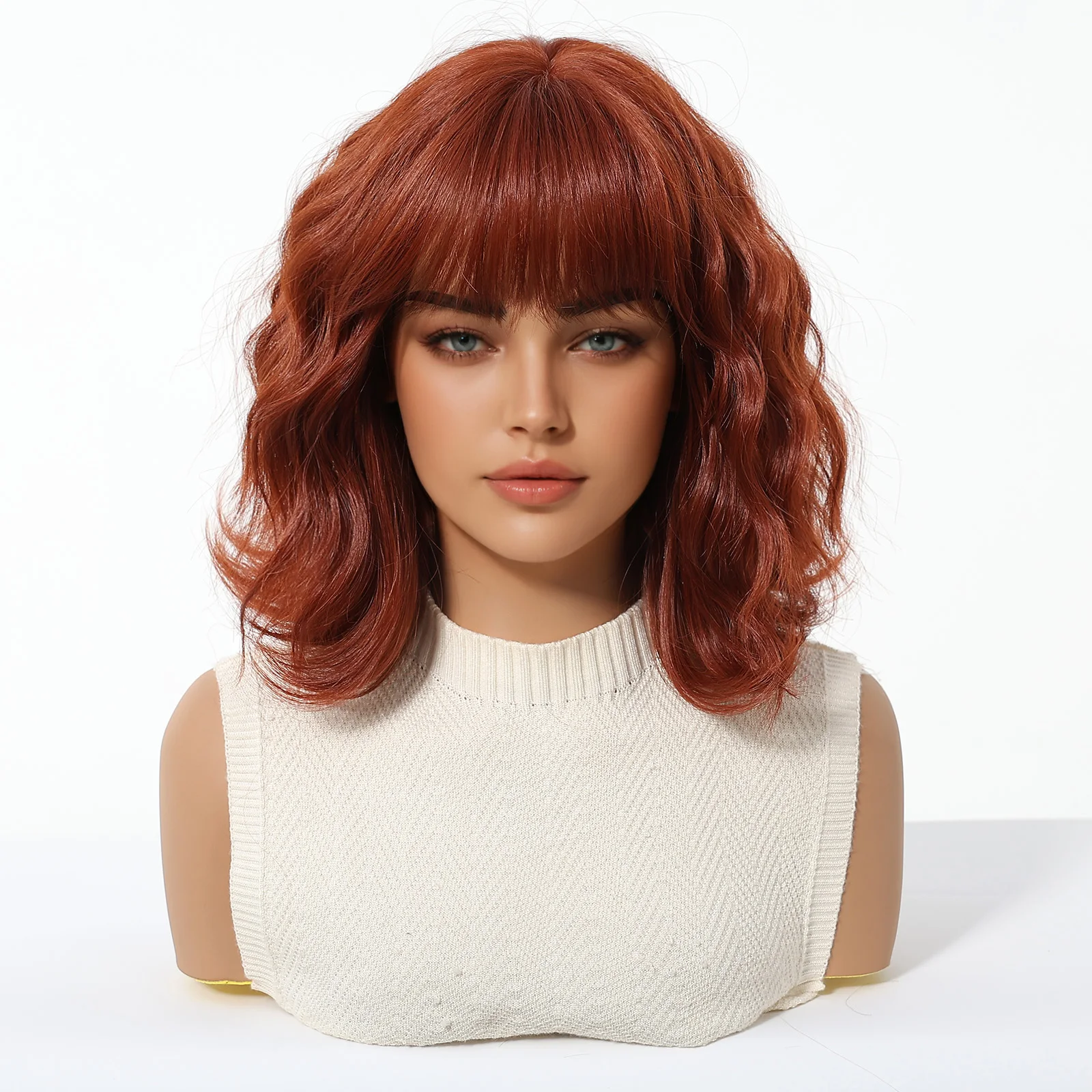 Parrucche Bob ondulate rosse con frangia Parrucca sintetica corta Capelli finti naturali per le donne Festa quotidiana Lolita Uso fibra resistente al calore