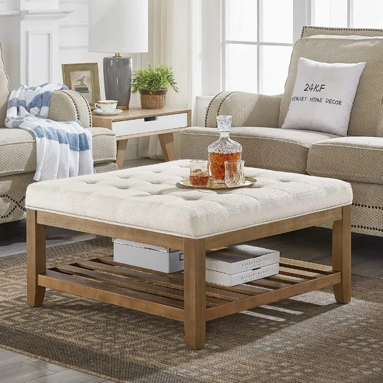 Large Square Upholstered Tufted Linen Ottoman Coffee Table, Large Footrest Ottoman with Solid Wood Shelf-Ivory