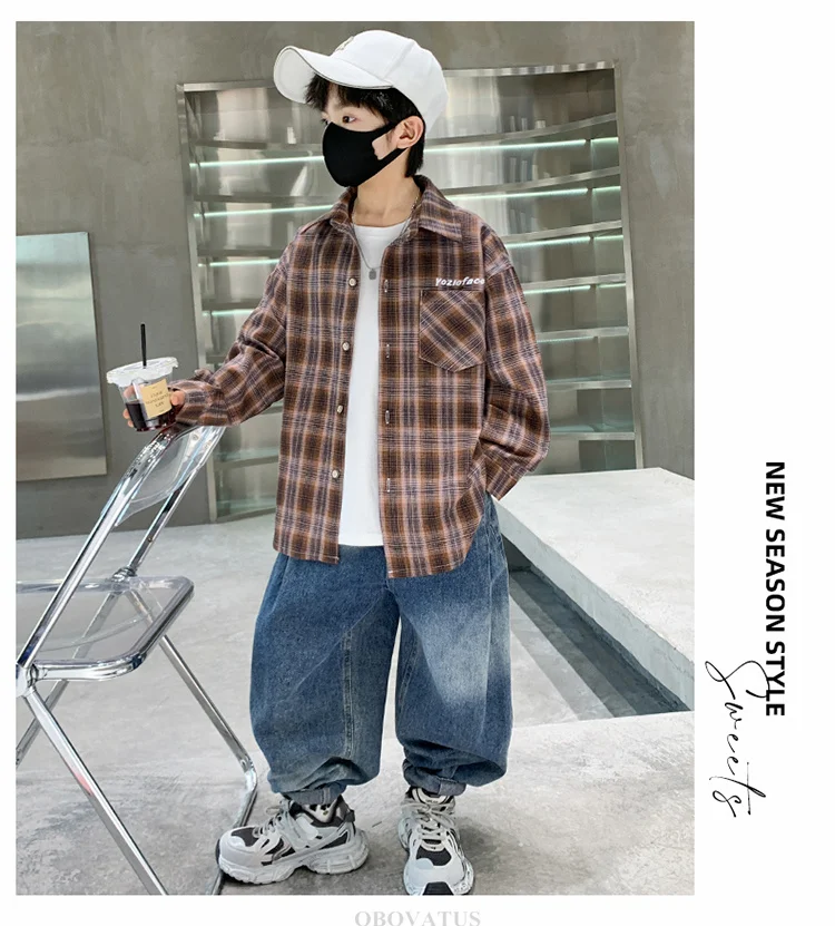 Frühlings-Herbst-Jungenhemd mit Karomuster und Tasche, Langarm, Koreanischer Casual-Stil, Baumwollbluse für größere Kinder, Coole Streetwear für Kinder – Detail 4