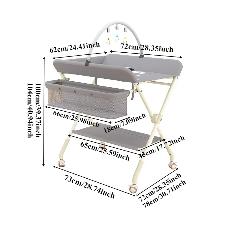 One-click Folding Multifunctional Diaper Changing Table with Toy Rack Storage Basket Height Adjustable Mobile Baby Care Table