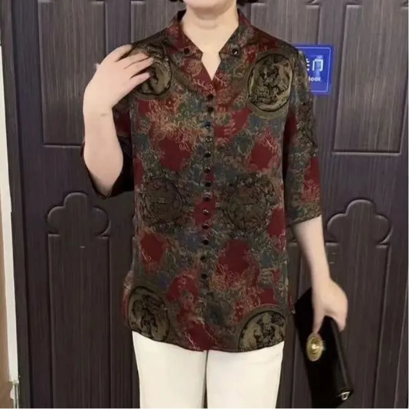 

Vintage Women Floral Shirts Spring Summer 3/4 Sleeve V-Neck Korean Clothing Basic Loose Fashion New Chic Big Size Casual Blouses