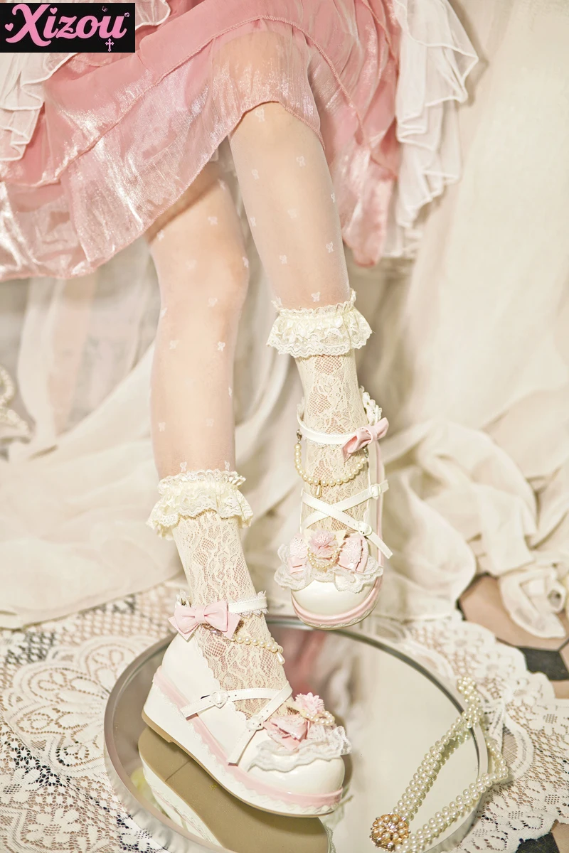 Kawaii japonês doce e bonito plataforma original muffin sapatos femininos pérola arco cabeça redonda lolita feminino mary jane único sapatos