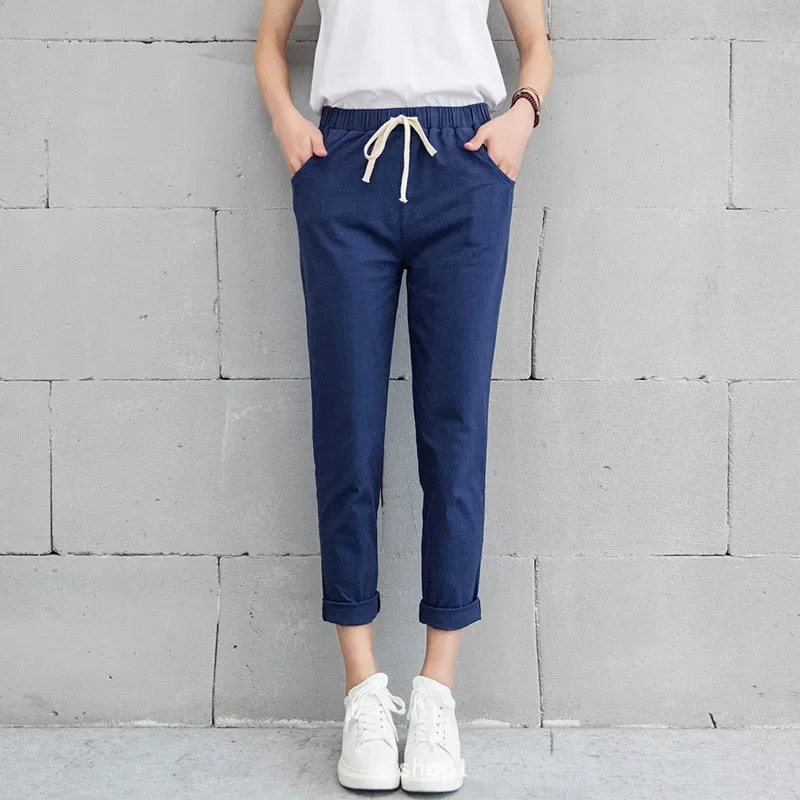 New Women Casual Harajuku Spring Autumn Big Size Long Trousers Solid Elastic Waist Cotton Linen Pants Ankle Length Haren Pants