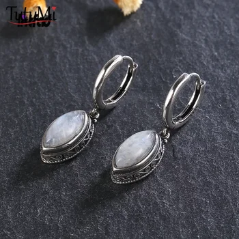 925 Sterling Silver Natural Moonstone 6 * 12mm Kolczyki wisiorek dla kobiet Biżuteria w stylu vintage Prezent